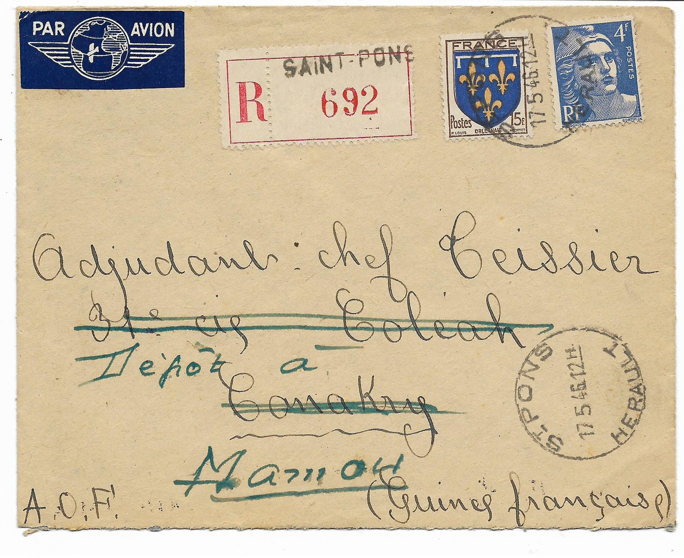 GUINEE  1946-lettre REC. SAINT PONS Par AVION Pour CONAKRY -GUINEE- Dépot à MAMOU- Gros Cachet ST PONS HERAULT - 1921-1960: Période Moderne