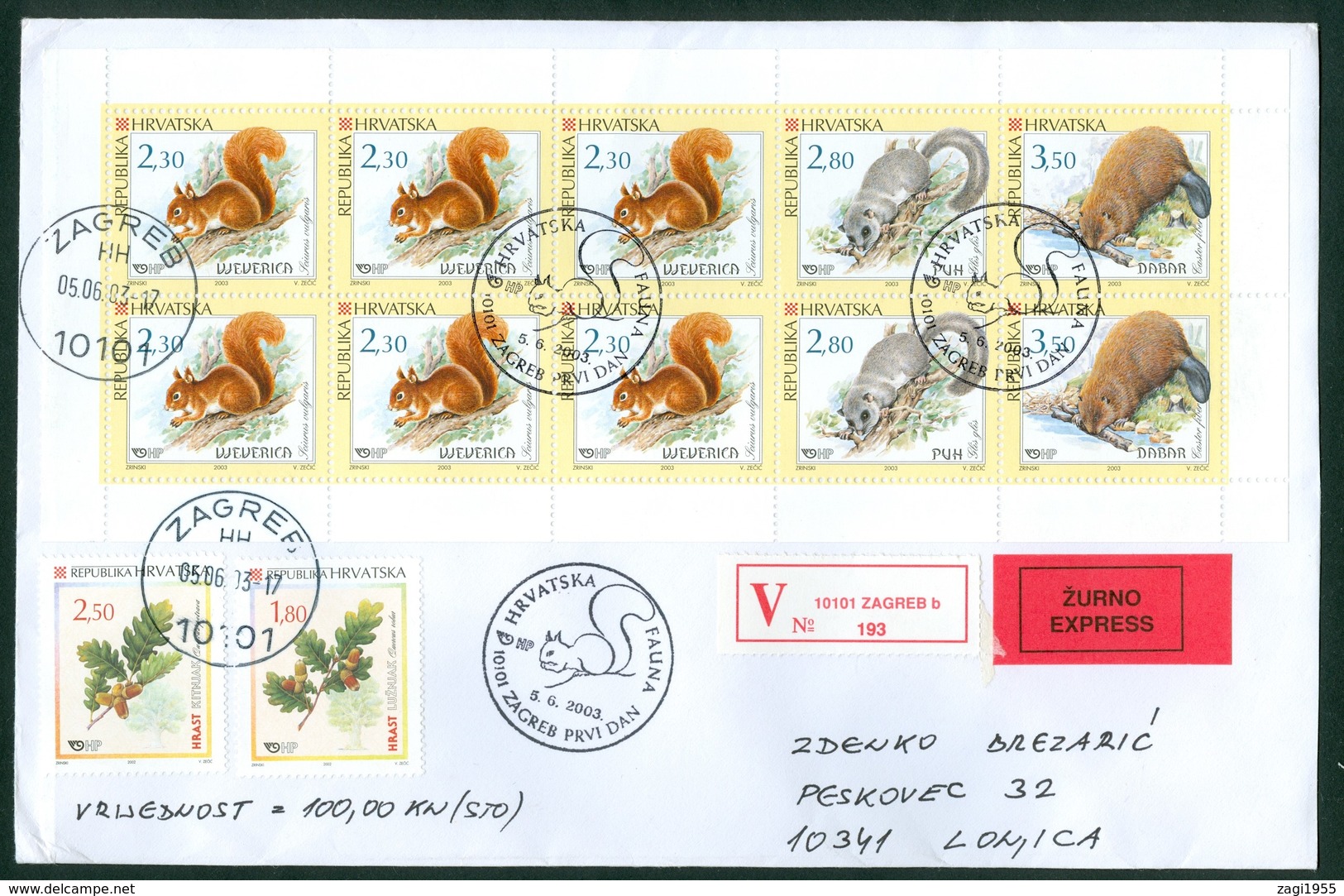Croatia 2003 FDC Fauna Booklet Squirrel Dormouse Beaver Oak Se-tenant From Booklet Valuable Express Mail Letter Cover - Croatie