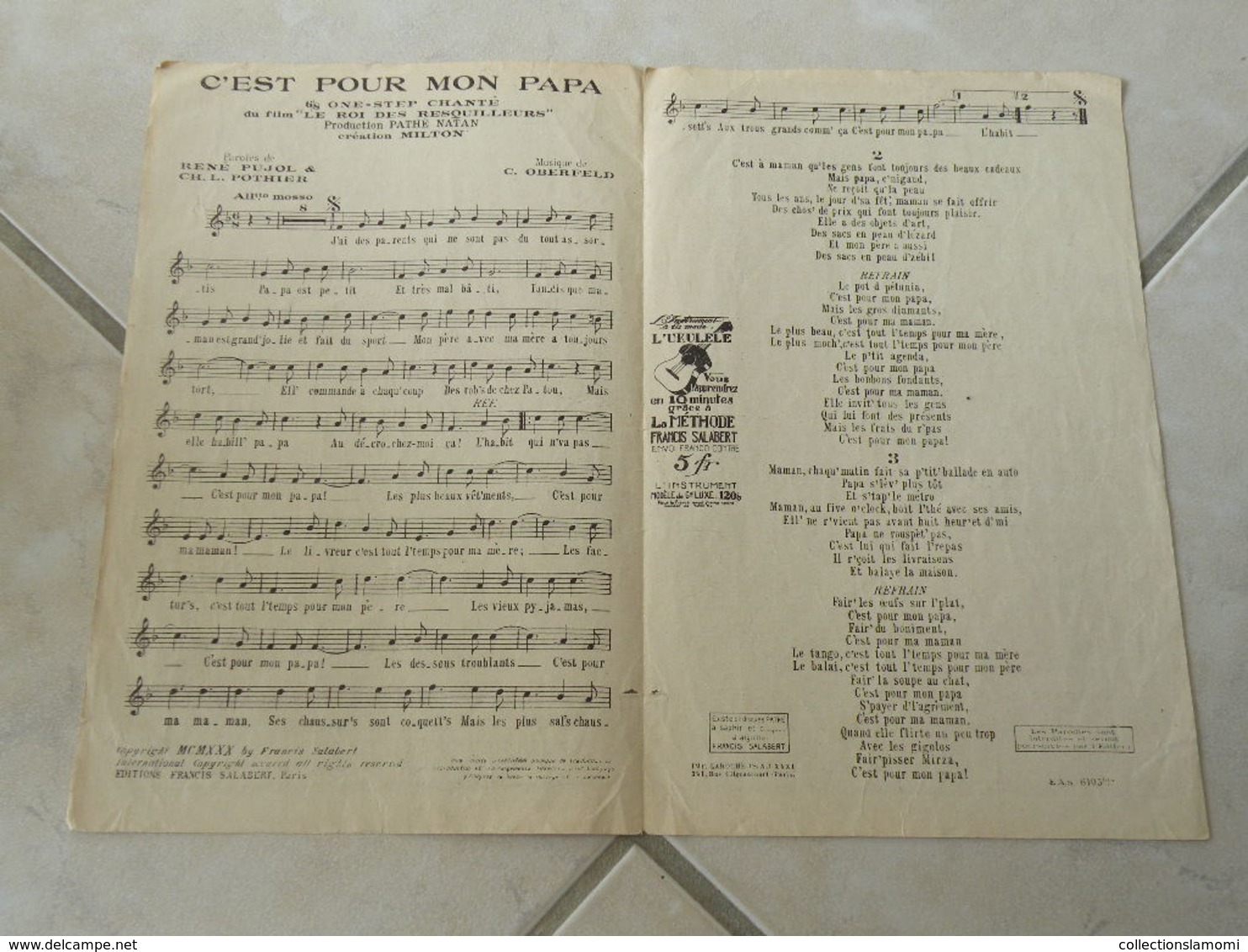 C'est Pour Mon Papa, Film Le Roi Des Resquilleurs-(Paroles R. Pujol & CH.L. Pothier)-(Musique C. Oberfeld)Partition 1930 - Componisten Van Filmmuziek