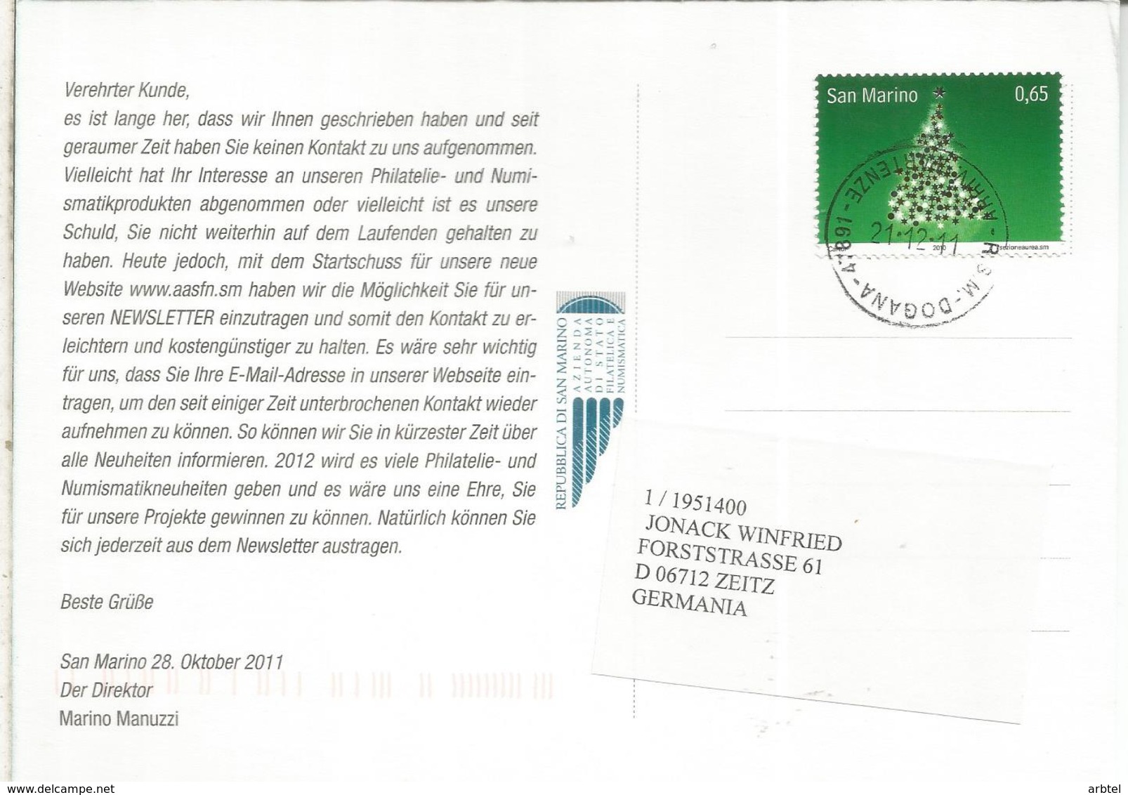 SAN MARINO 2011 TARJETA CON SELLO ARBOL DE NAVIDAD CHRISTMAS TREE - Navidad