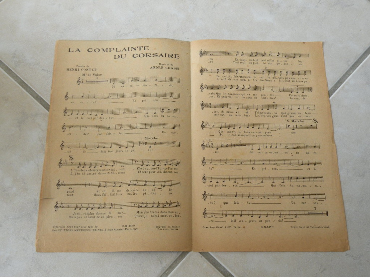 La Complainte Du Corsaire-(Paroles Henri Contet)-(Musique André Grassi)Partition 1946 - Song Books