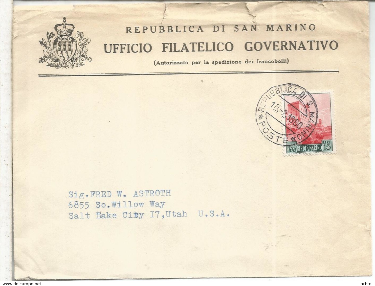 SAN MARINO CC A USA 1960 - Cartas & Documentos