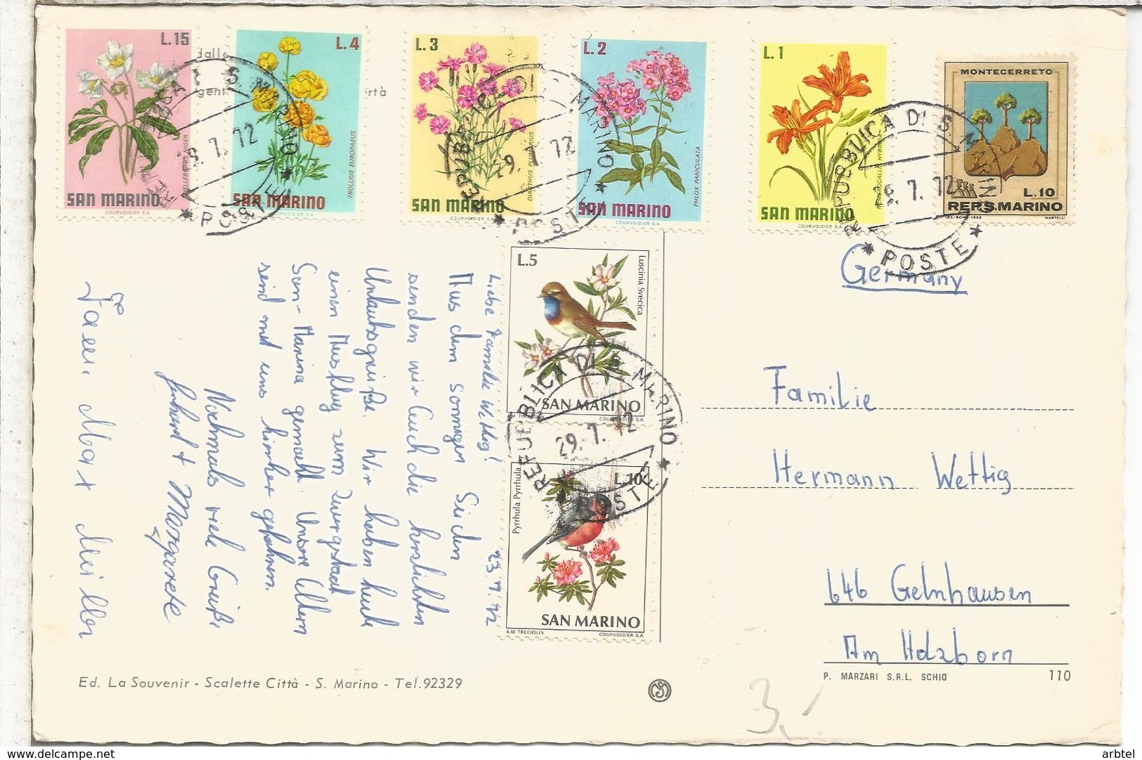 SAN MARINO TARJETA 1962 SELLOS FLORES FLOWER PAJARO BIRD - Otros & Sin Clasificación