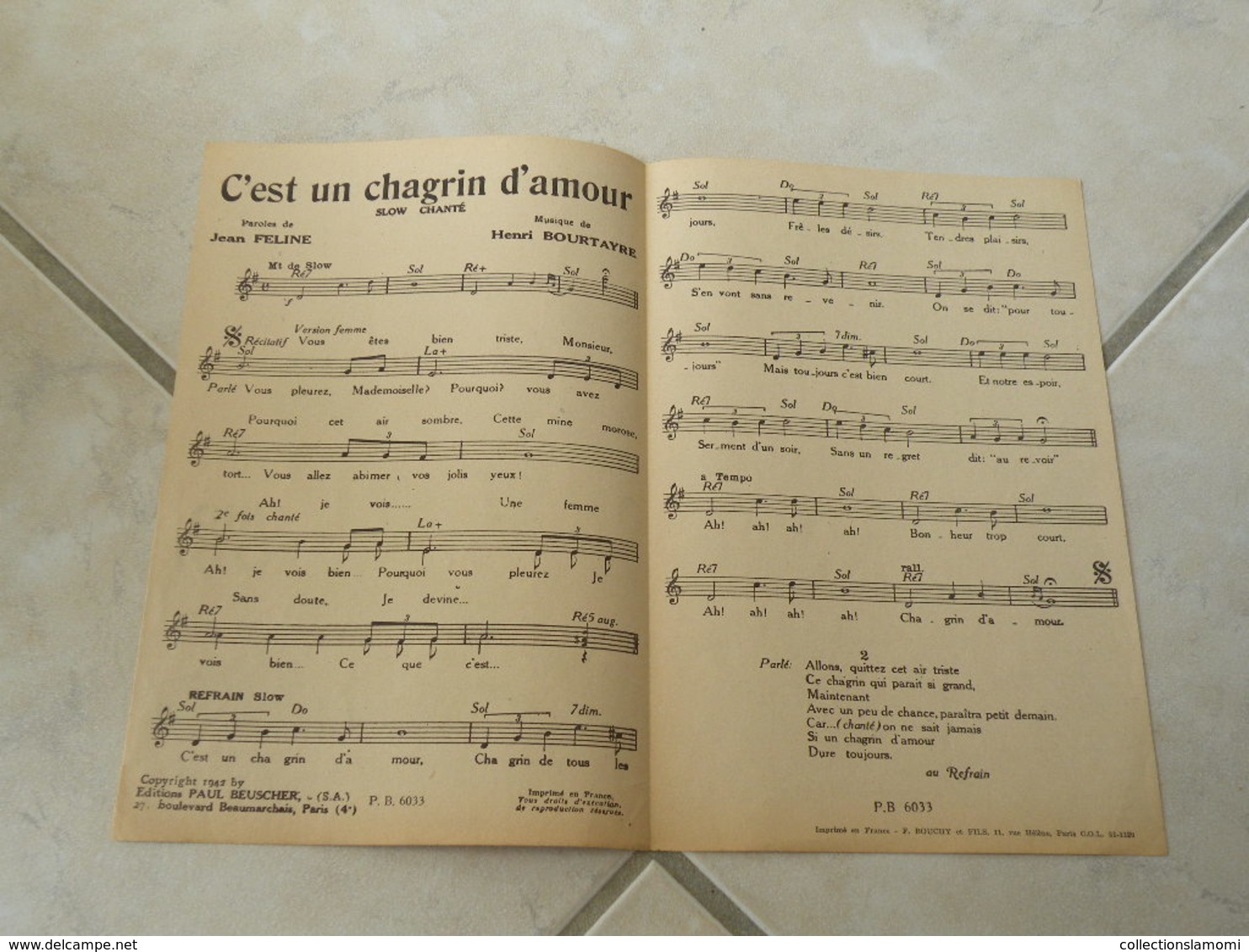 C'est Un Chagrin D'amour (Tino Rossi)-(Paroles Jean Féline)-(Musique Henri Bourtayre)Partition 1942 - Chansonniers