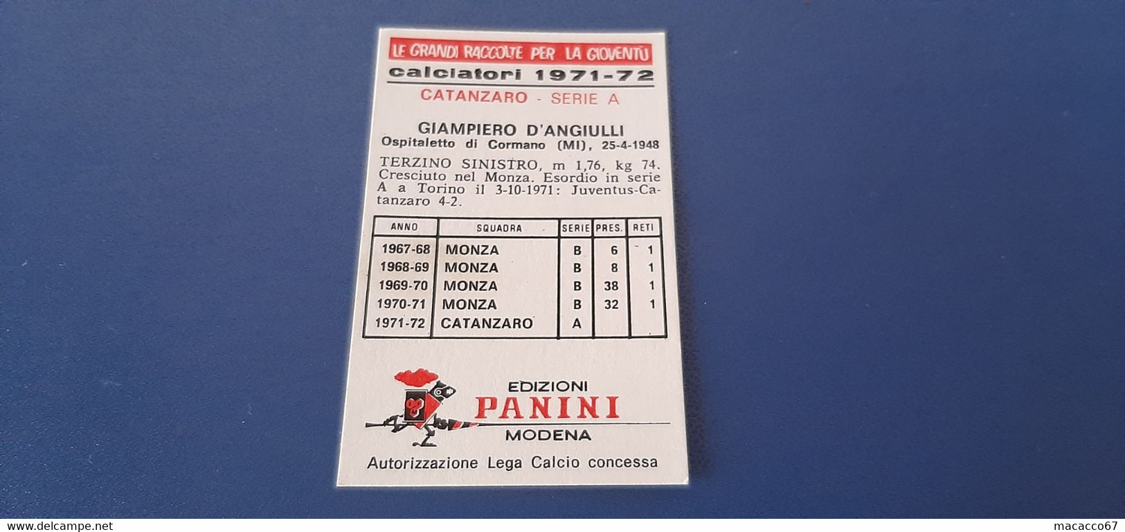 Figurina Calciatori Panini 1971/72 - D'Angiulli Catanzaro - Edizione Italiana