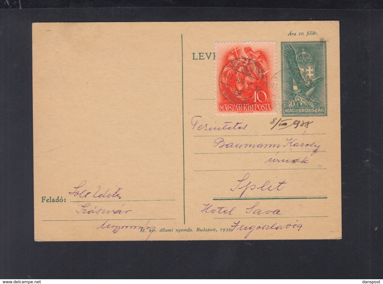 Hungary Stationery Uprated 1938 Szasvar To Split - Covers & Documents