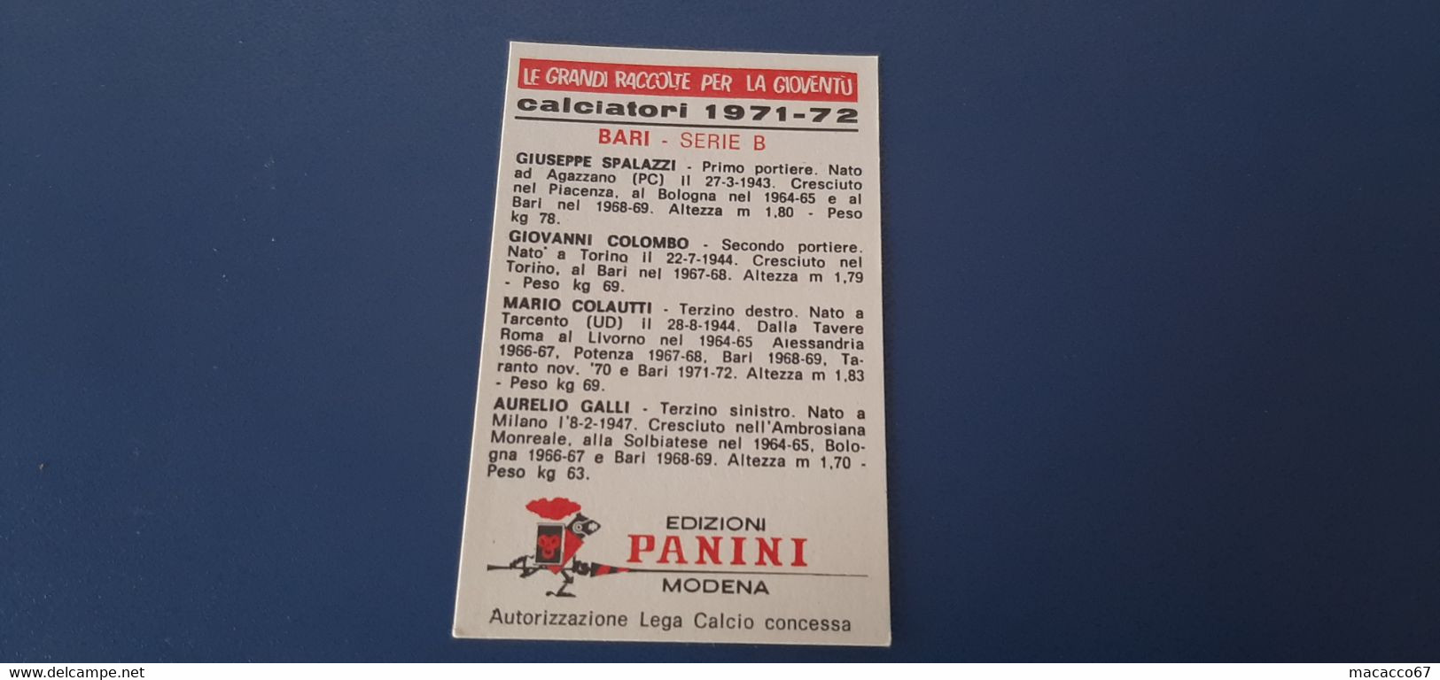 Figurina Calciatori Panini 1971/72 - Spalazzi Bari - Edizione Italiana