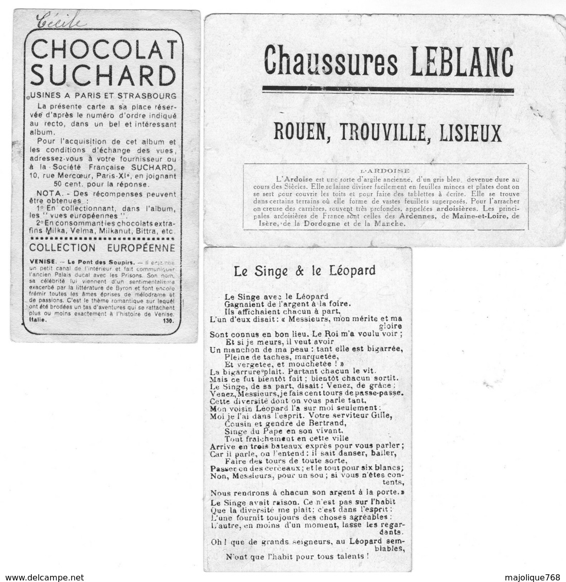 3 Images Publicité- 1 Chaussures Leblanc 1 Fable De La Fontaine 1 Chocolat Fauchard. - Collections