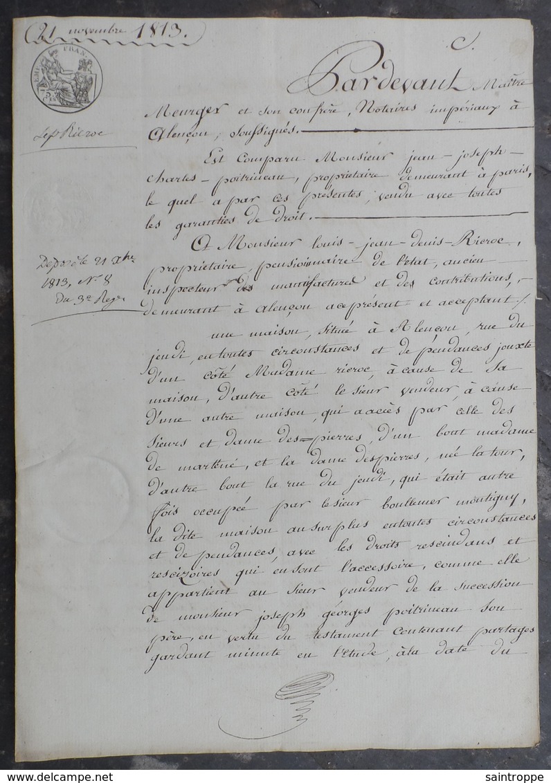 Manuscrit De 1813.Jean Poitrineau à Paris, Vend à Louis Ricroc , Une Maison Rue Du Jeudi à Alençon. - Manuscrits