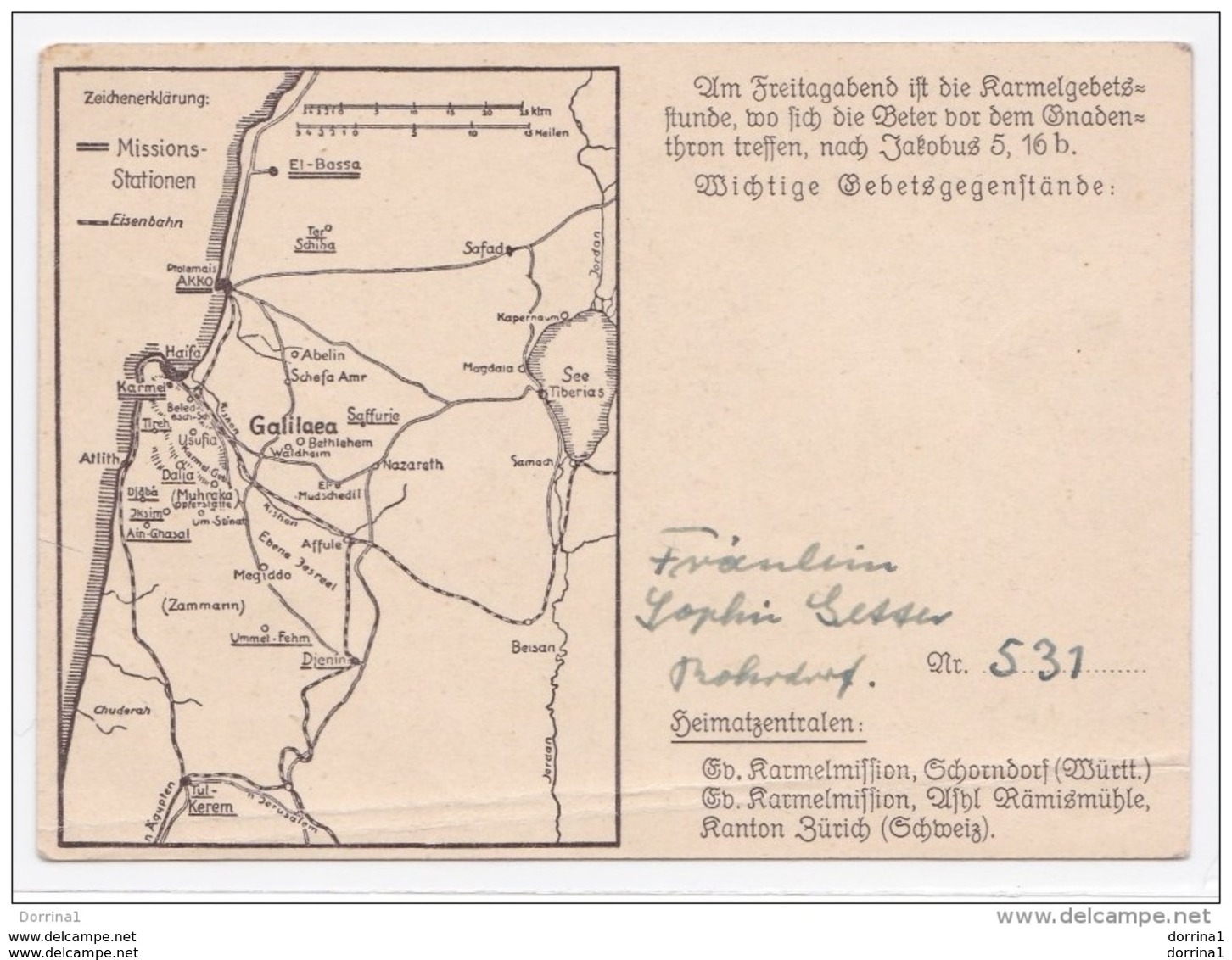 Israel Palestine Haifa German Evangelist Church And Galilea Map Membership Card #531 Deutschland Germany Levant - Palestina