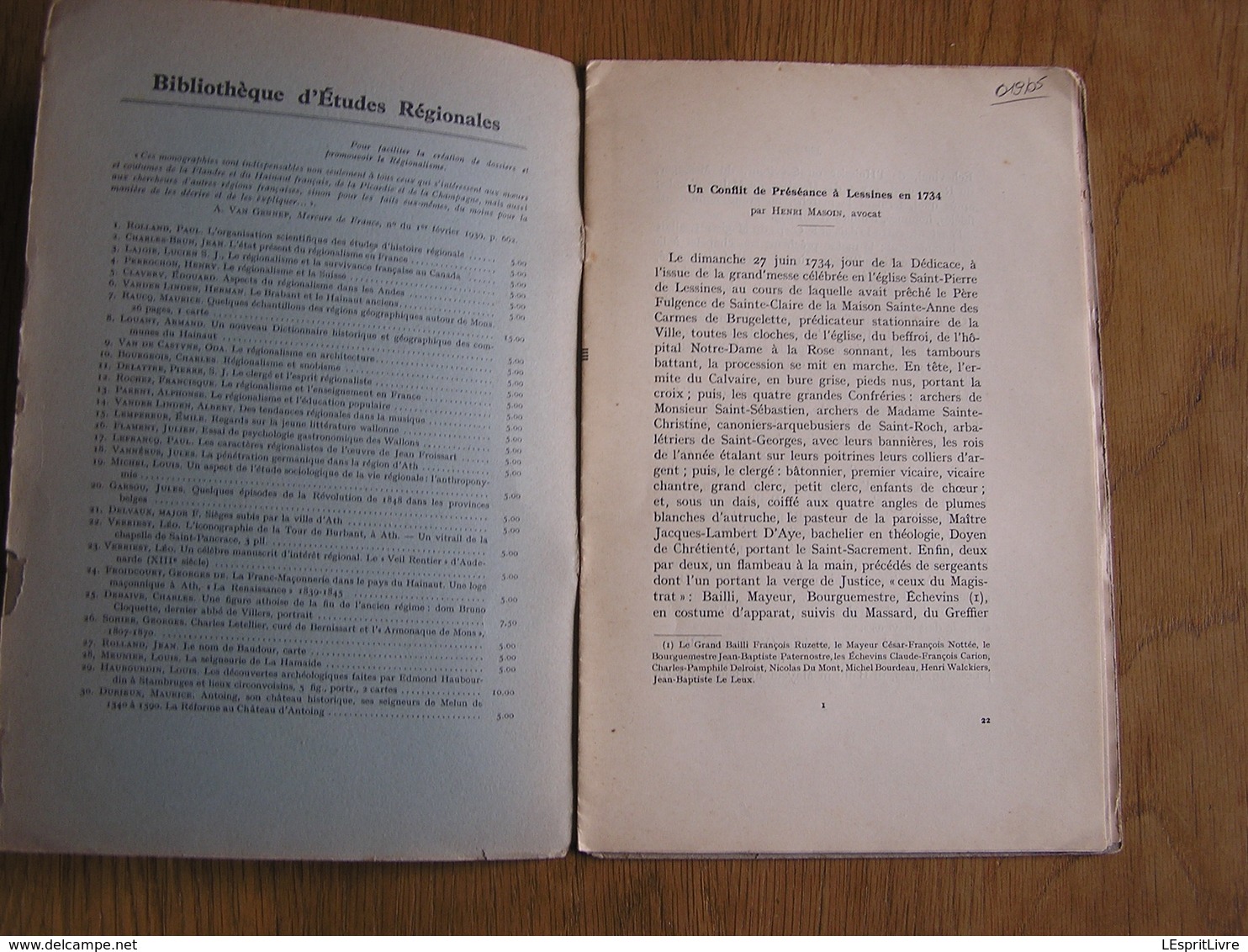 UN CONFLIT DE PRESEANCE à LESSINES EN 1734 Henri Masoin Régionalisme Hainaut Histoire Eglise Religion Curé - Belgique