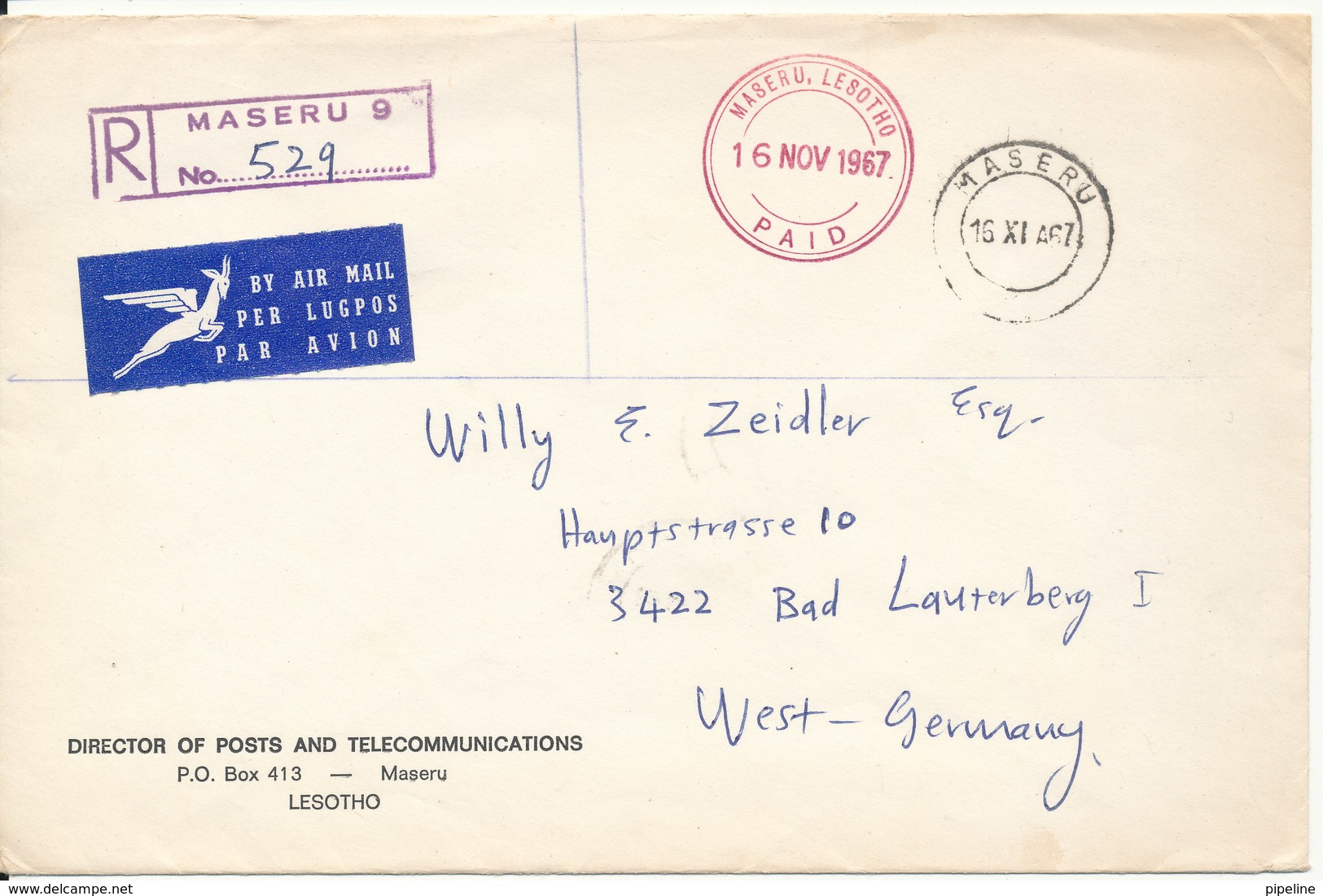 Leshoto Registered Cover Sent POSTAGE PAID To Germany Maseru 16-11-1967 - Lesotho (1966-...)