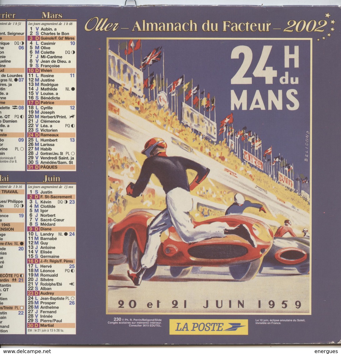 Le Mans,24 H Du Mans,calendrier 2002, Affiche 1959, Départ De La Course,Beligond, Verso, Voiture Unic, Affiche, Delavat - Habillement, Souvenirs & Autres