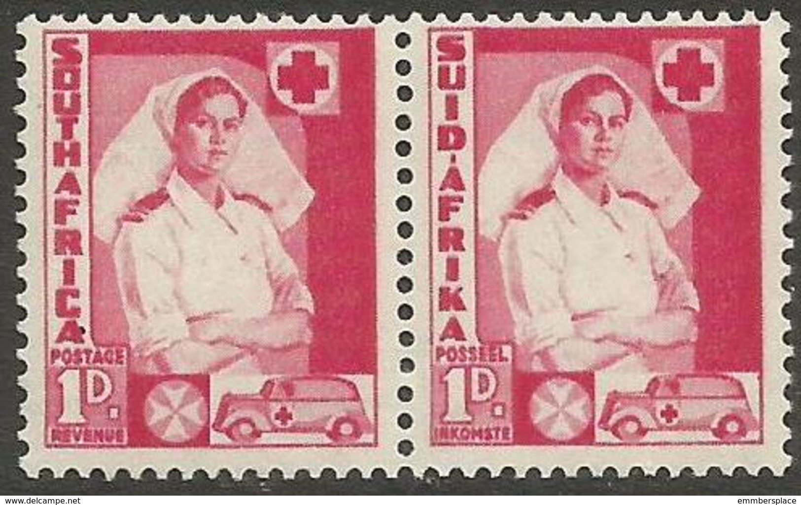 South Africa - 1941 Nurse 1d Bilingual Pair MLH *  SG 89  Sc 82 - Unused Stamps