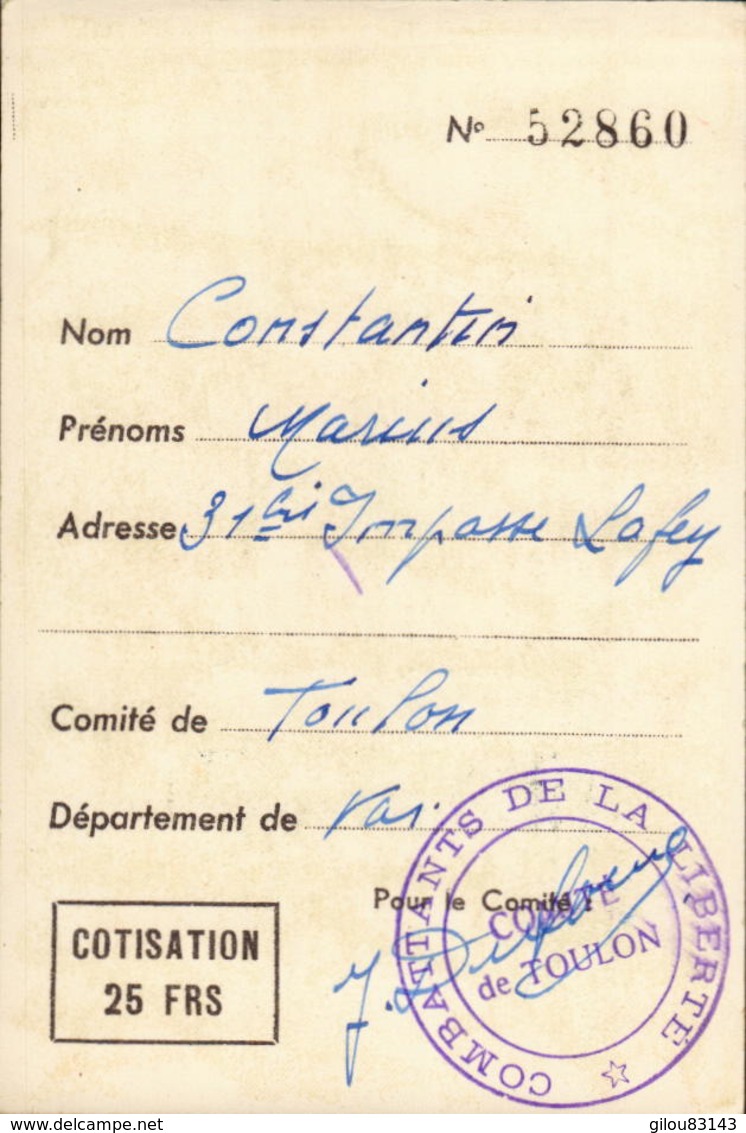 Carte, Combattants De La Liberté, Comité De Toulon         (bon Etat) - Documents