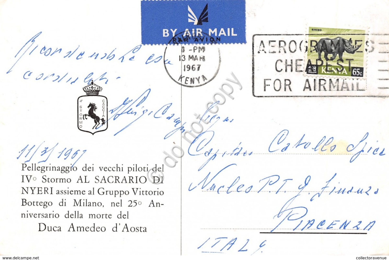 Cartolina Kenia Nyeri Sacrario Duca D'Aosta Missione Della Consolata 1967 - Non Classificati