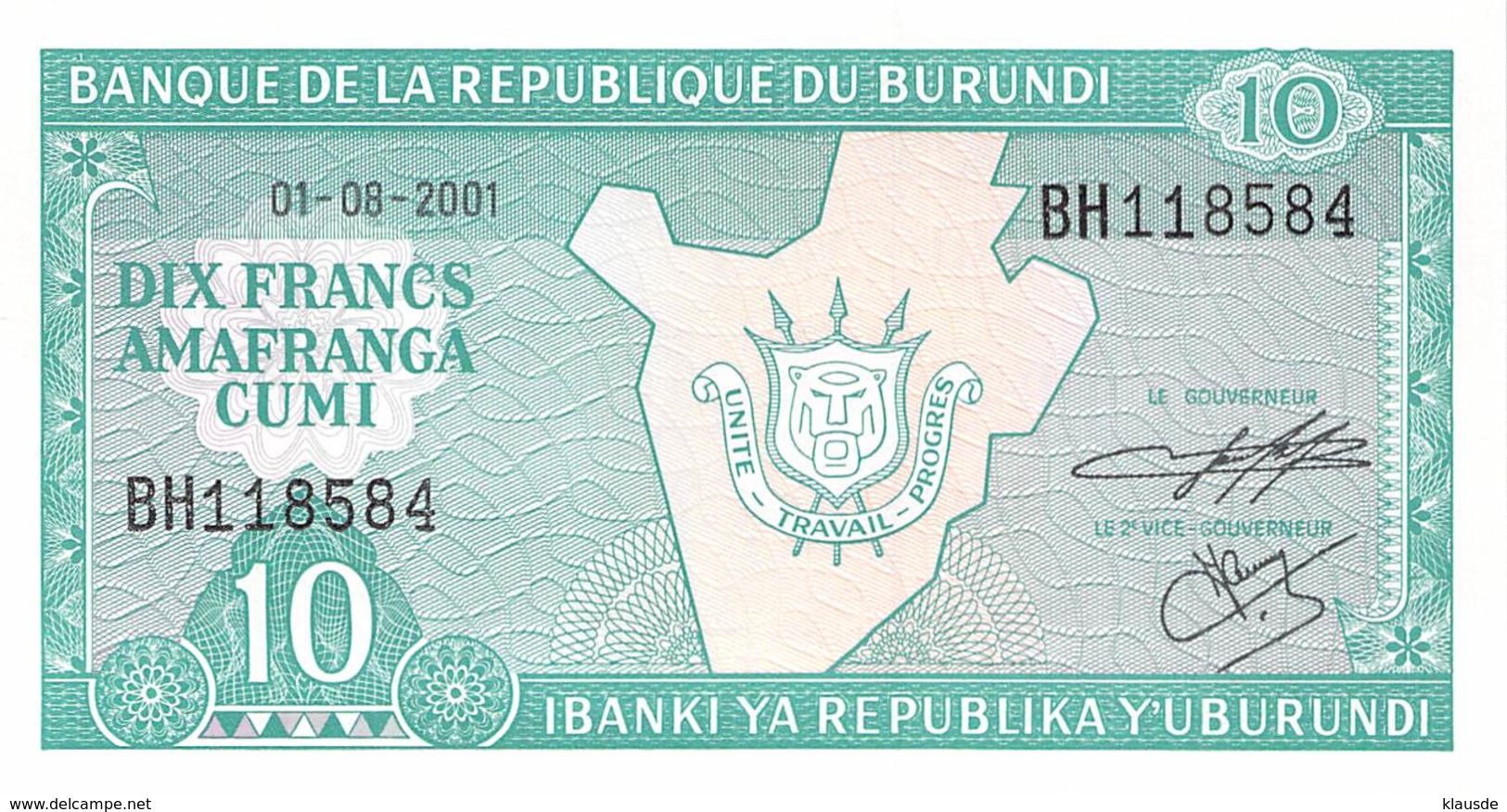 10 Burundi-Franc UNC 2001 - Burundi