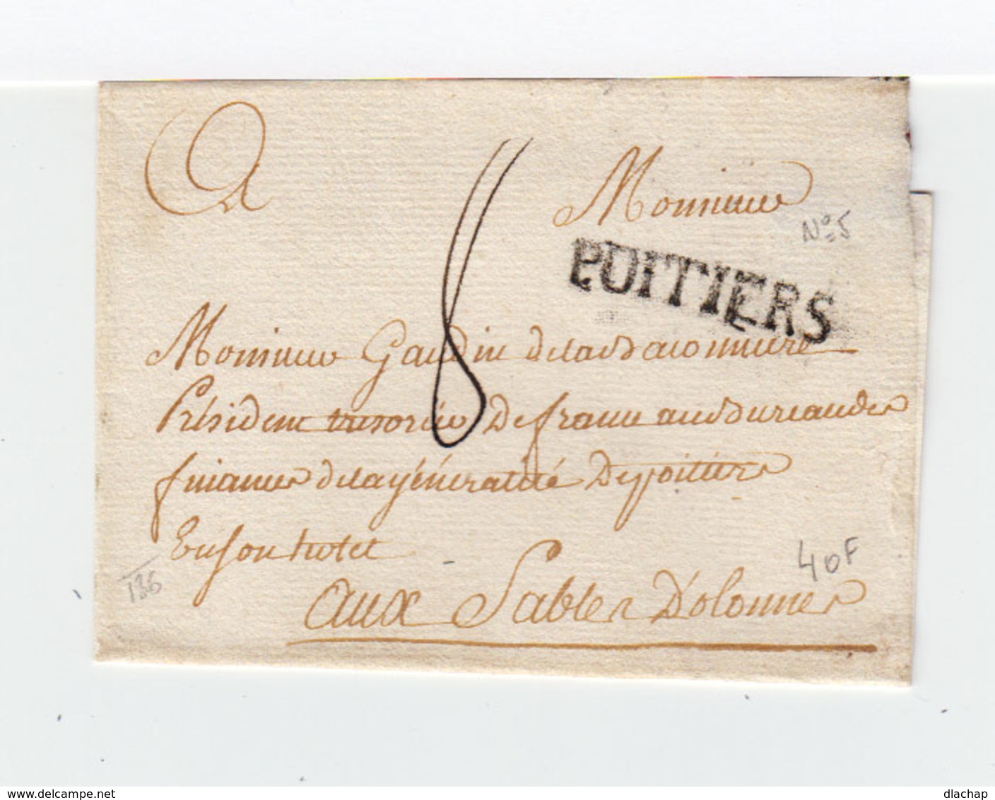 Sur Partie De Lettre Pour Les Sables D'Olonnes Marque Linéaire Poitiers, Vienne. Taxe Manuscrite. (2285x) - 1701-1800: Précurseurs XVIII