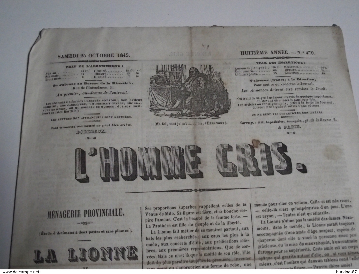 L' HOMME GRIS, 1845, Journal  De BORDEAUX Et La Région - Autres & Non Classés