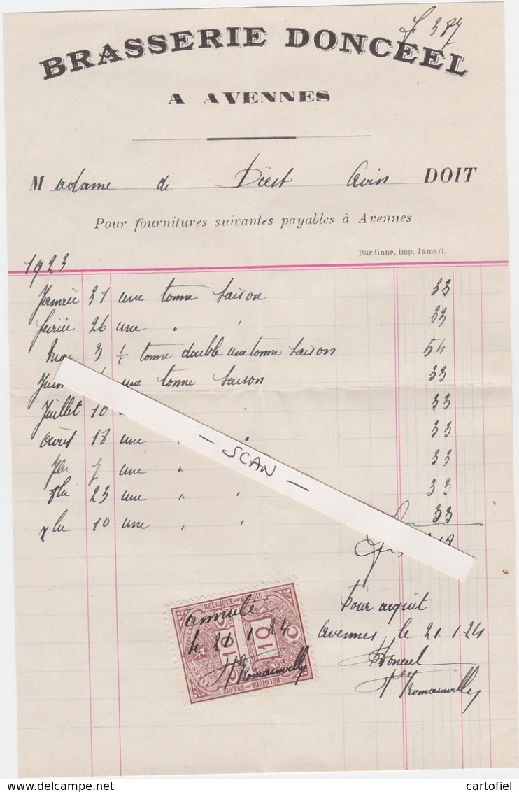 BRASSERIE-DONCEEL-BROUWERIJ-AVENNES-FACTURE-AVEC TIMBRE-TAXE+SIGNATURE-RARE-VERS-AVIN-DIM.+-14-22 CM-TRES BON ETAT-TOP! - Invoices