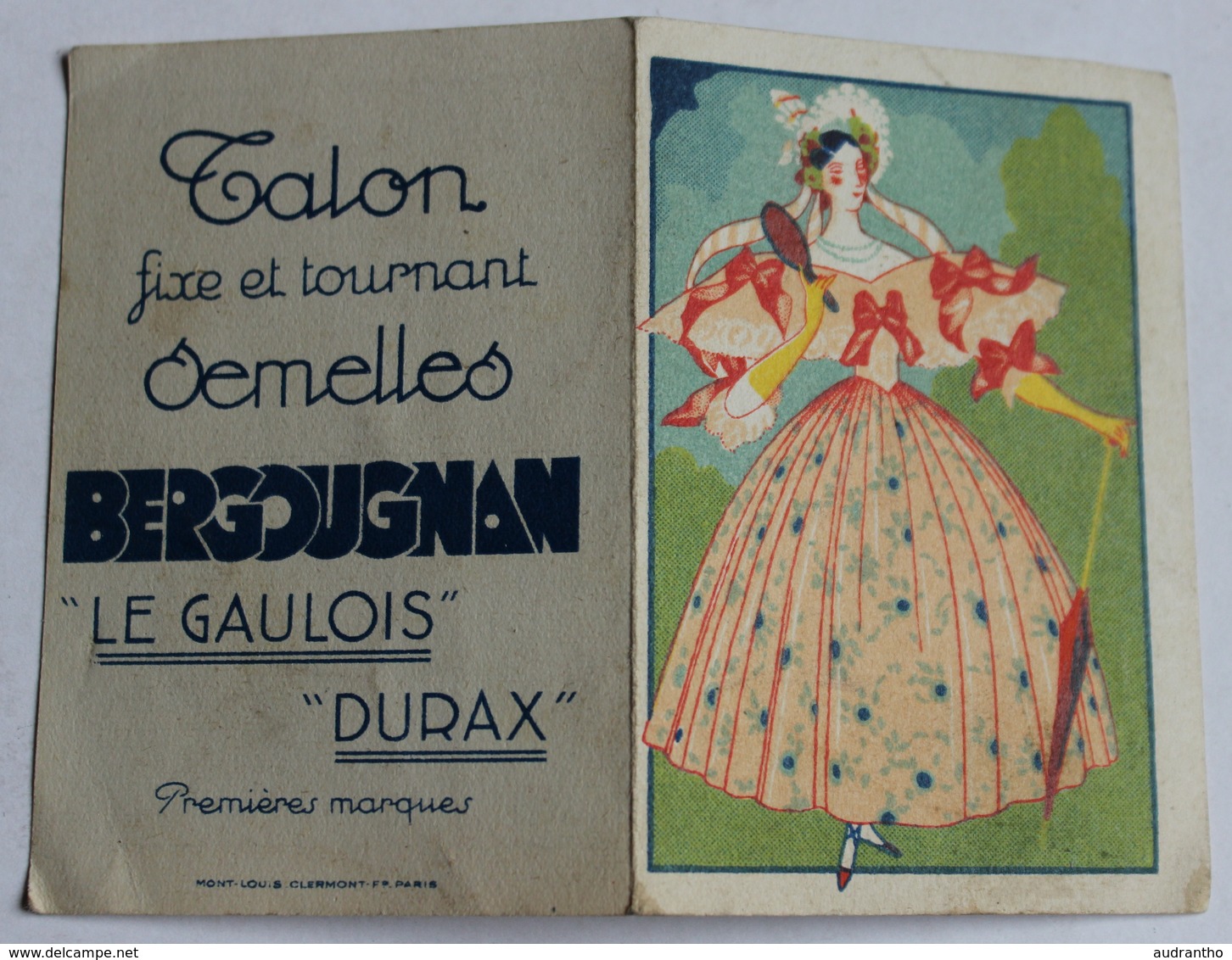 Calendrier Publicitaire 1935 Femme élégante Semelles Bergougnan Le Gaulois Durax Mont Louis Clermont - Petit Format : 1921-40