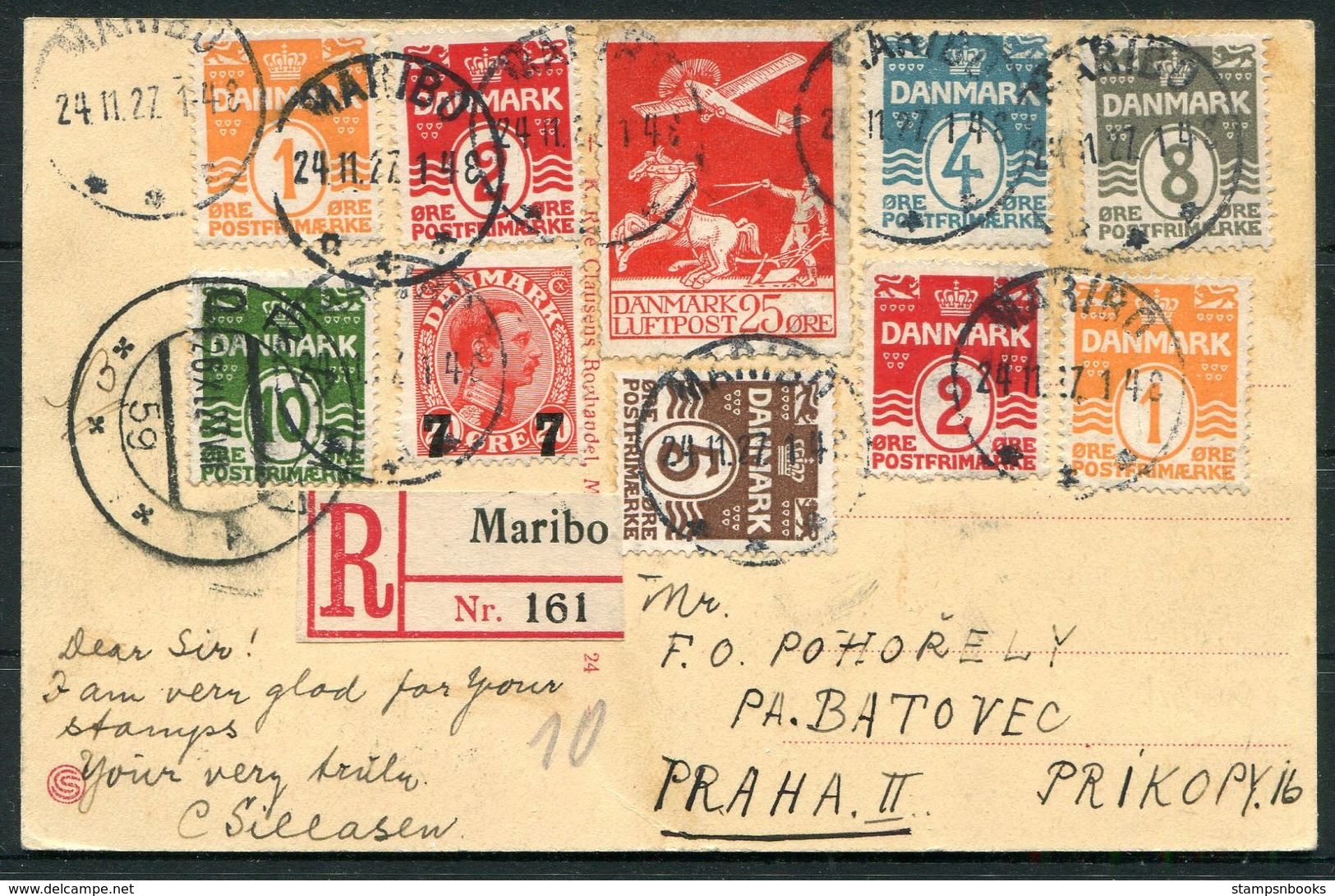 1927 Denmark Maribo Postcard, Registered - Prague, Czechoslovakia. Luftpost - Covers & Documents