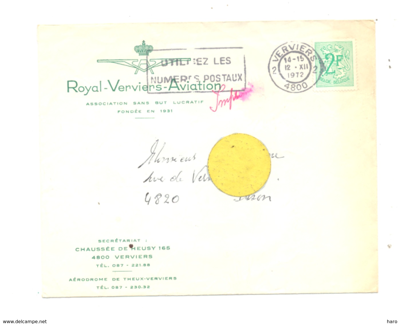 Enveloppe à Entête : Royal Verviers Aviation En 1972 - Laboru (van) - 1900 – 1949