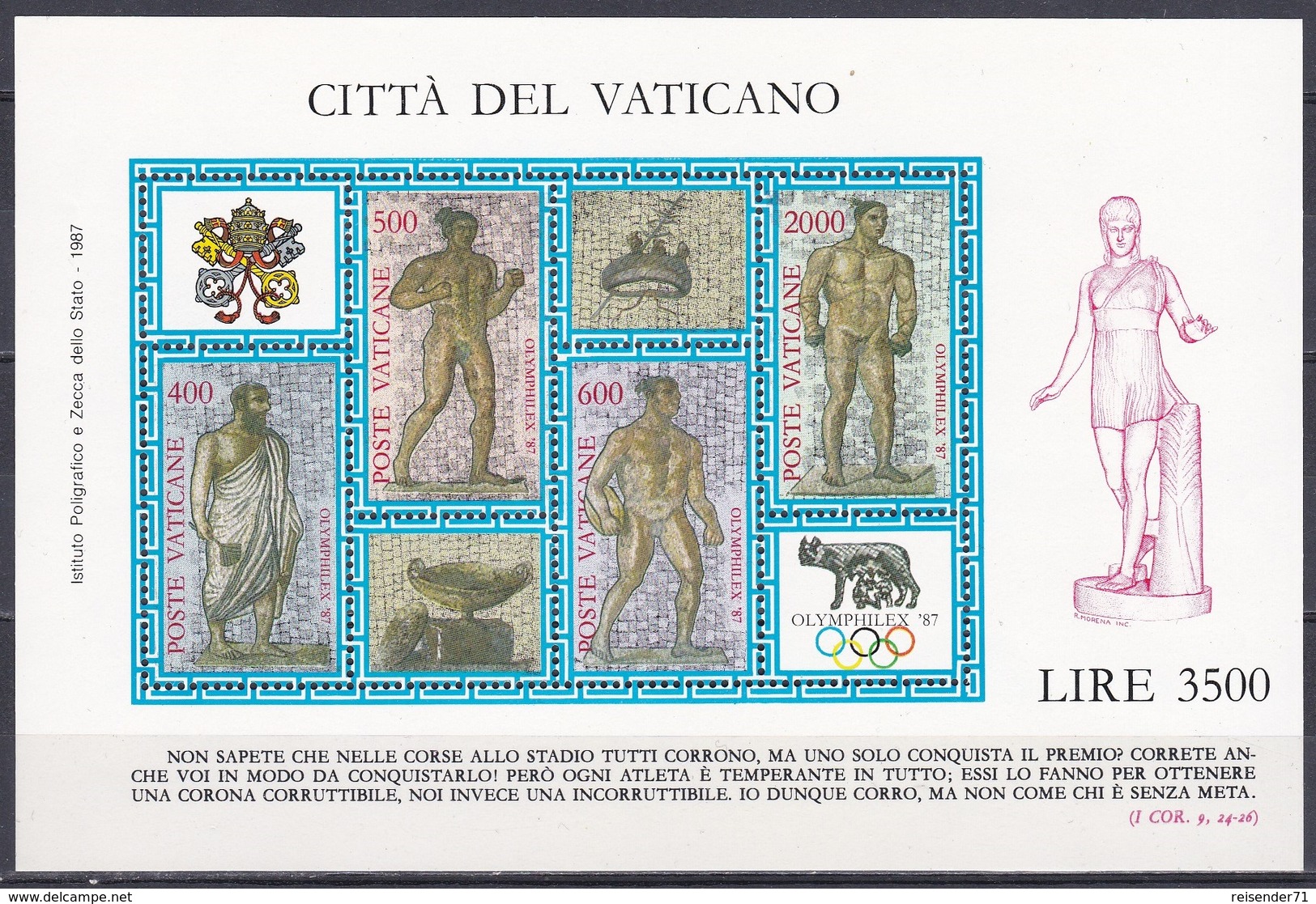 Vatikan Vatican 1987 Sport Spiele Olympia Olympics OLYMPHILEX Kunst Arts Mosaik Caracalla Thermen Bath, Bl. 9 ** - Ungebraucht