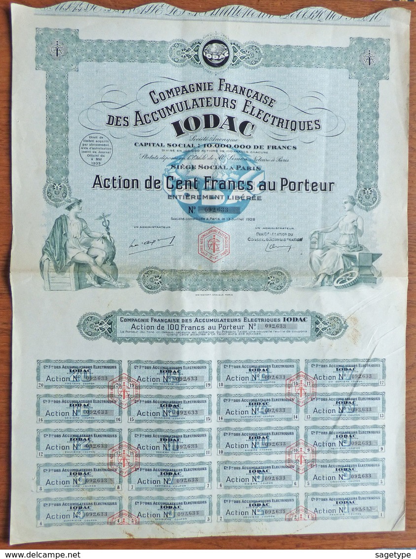 Action 100 Francs Compagnie Française Des Accumulateurs Electriques IODAC 1928 - Electricité & Gaz