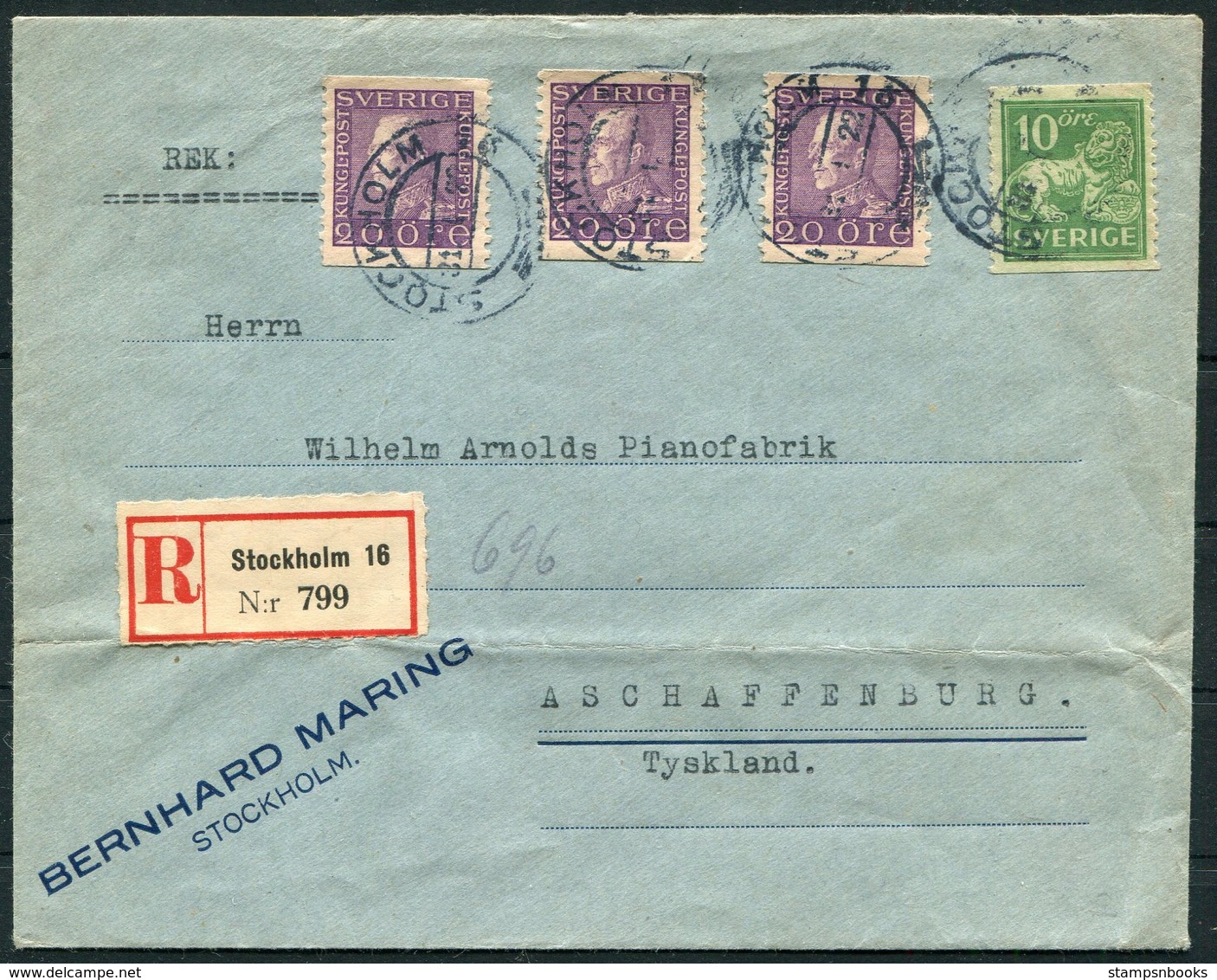 1922 Sweden Stockholm Registered Cover, Bernhard Maring Piano Advertising Label - Wilhelm Arnolds, Aschaffenburg Germany - Covers & Documents