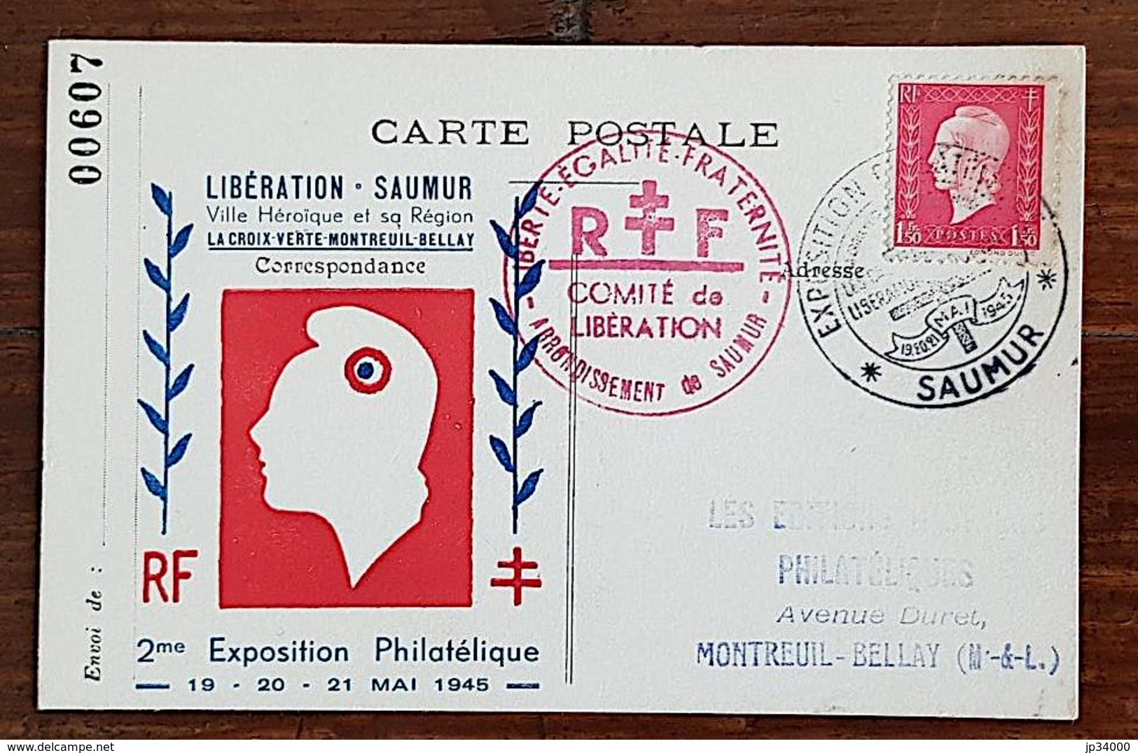 FRANCE Liberation SAUMUR. Ville Heroique Et Sa Région. Exposition Philatelique 19 Au 21 MAI 1945. Cachet Saumur - Guerre Mondiale (Seconde)