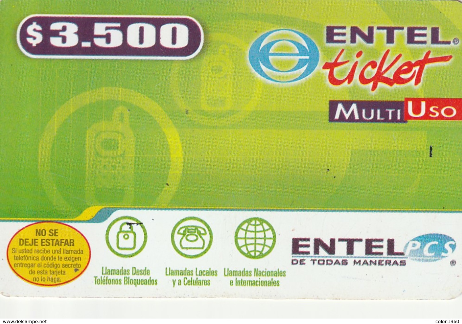 TARJETA TELEFONICA DE CHILE (PREPAGO) Multi Uso Entel PCS - 0894. 30-09-2005. CL-ENT-GRE-0002A. (302) - Chili