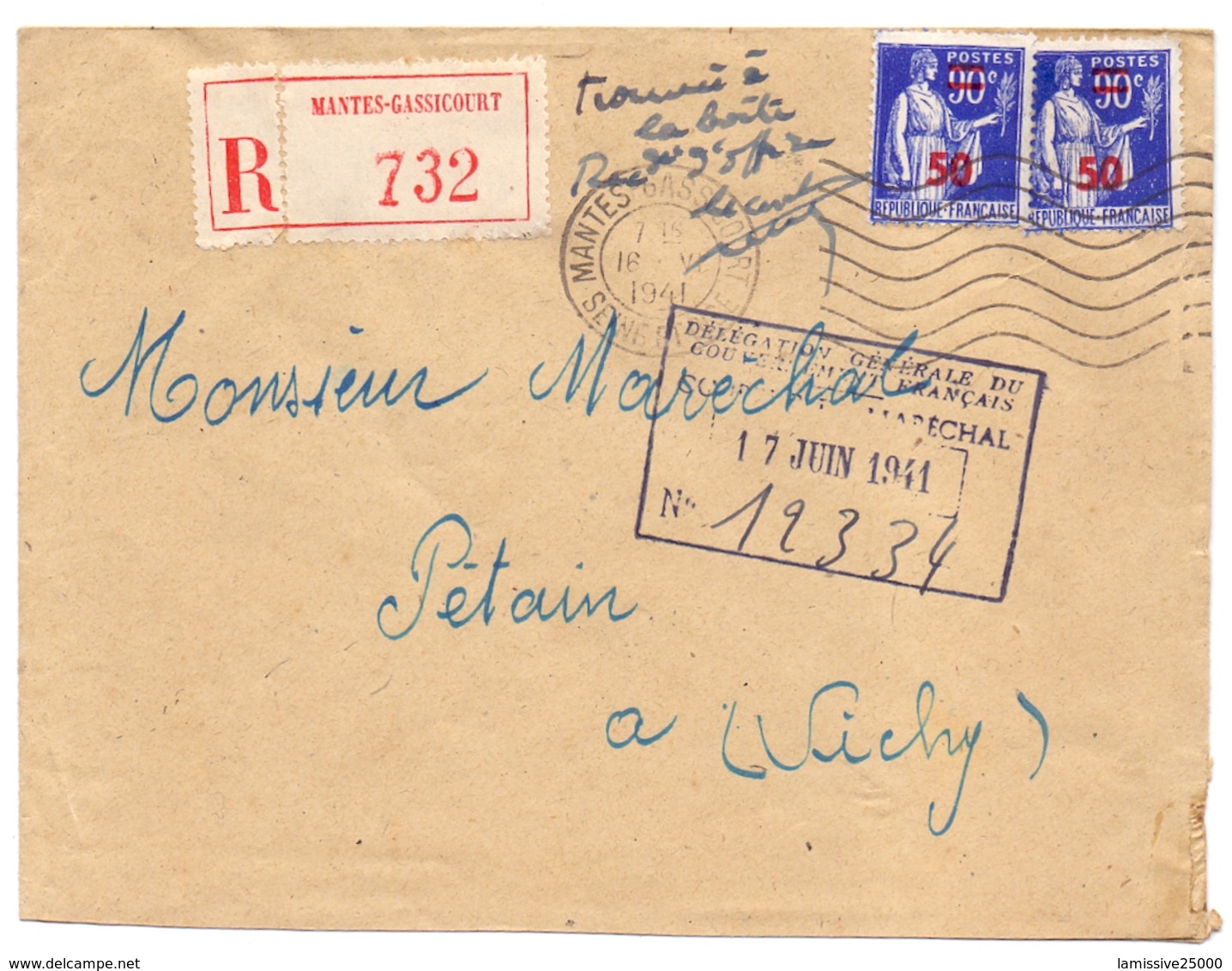 Paix Lettre Adressé Au Maréchal Petain Mention Trouvé A La Boite Recommandé D Office Mantes Gassicourt Seine Et Oise - Guerre De 1939-45