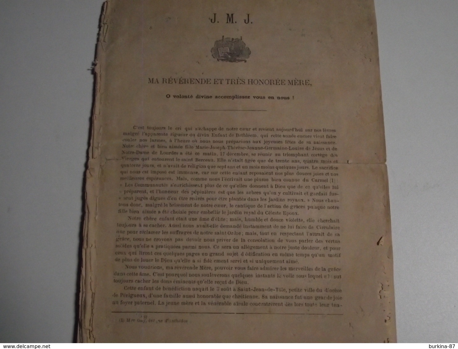 ORAISON FUNÈBRE , 1886, Carmelite De , Limoges, JMJ - Religion & Esotérisme