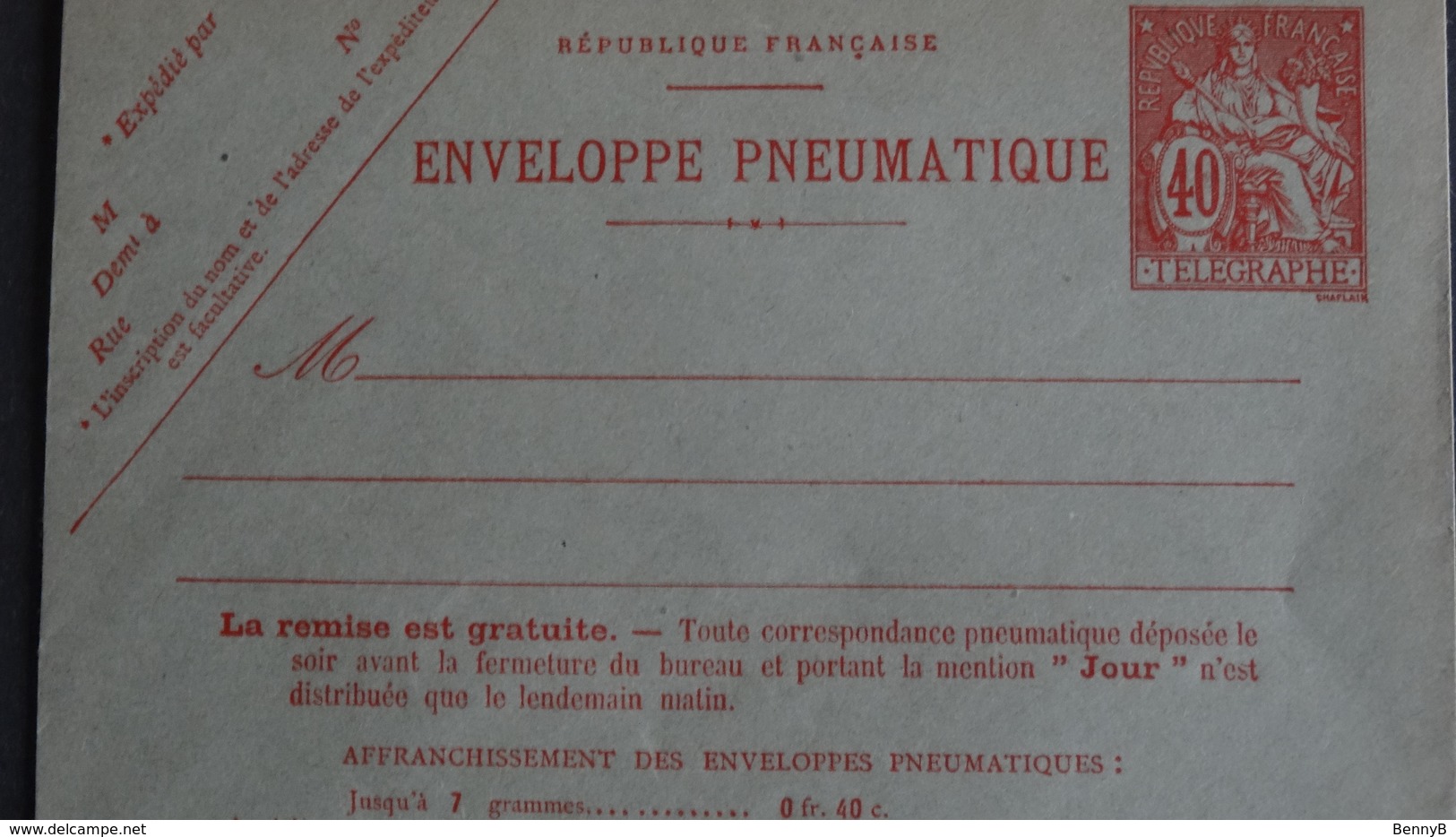 Entier 40c Chaplain Rouge Carmin Sur Enveloppe Pneumatique (1919) YT2773 Cote 38 € Sans Date Voir Scan - Autres & Non Classés