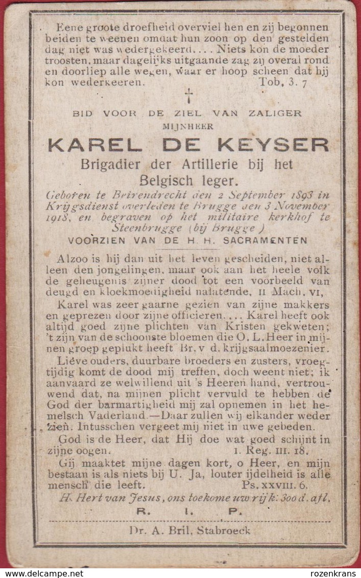 Doodsprentje Karel De Keyser Brigadier Gesneuvelde Soldaat Berendrecht Steenbrugge '18 Brugge WWI WW1 Victim War Soldier - Guerre 1914-18