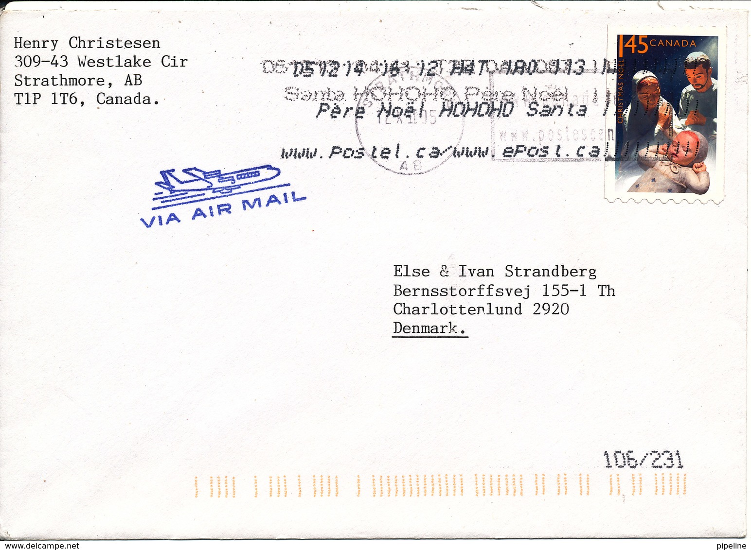 Canada Cover Sent To Denmark 14-12-2005 With Single Christmas Stamp - Covers & Documents