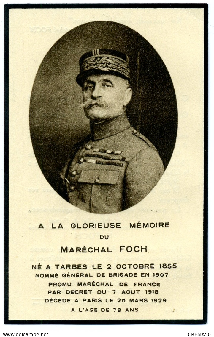 AVIS DE DECES - A La Glorieuse Mémoire Du Maréchal FOCH Décédé à Paris Le 20 Mars 1929 - Décès