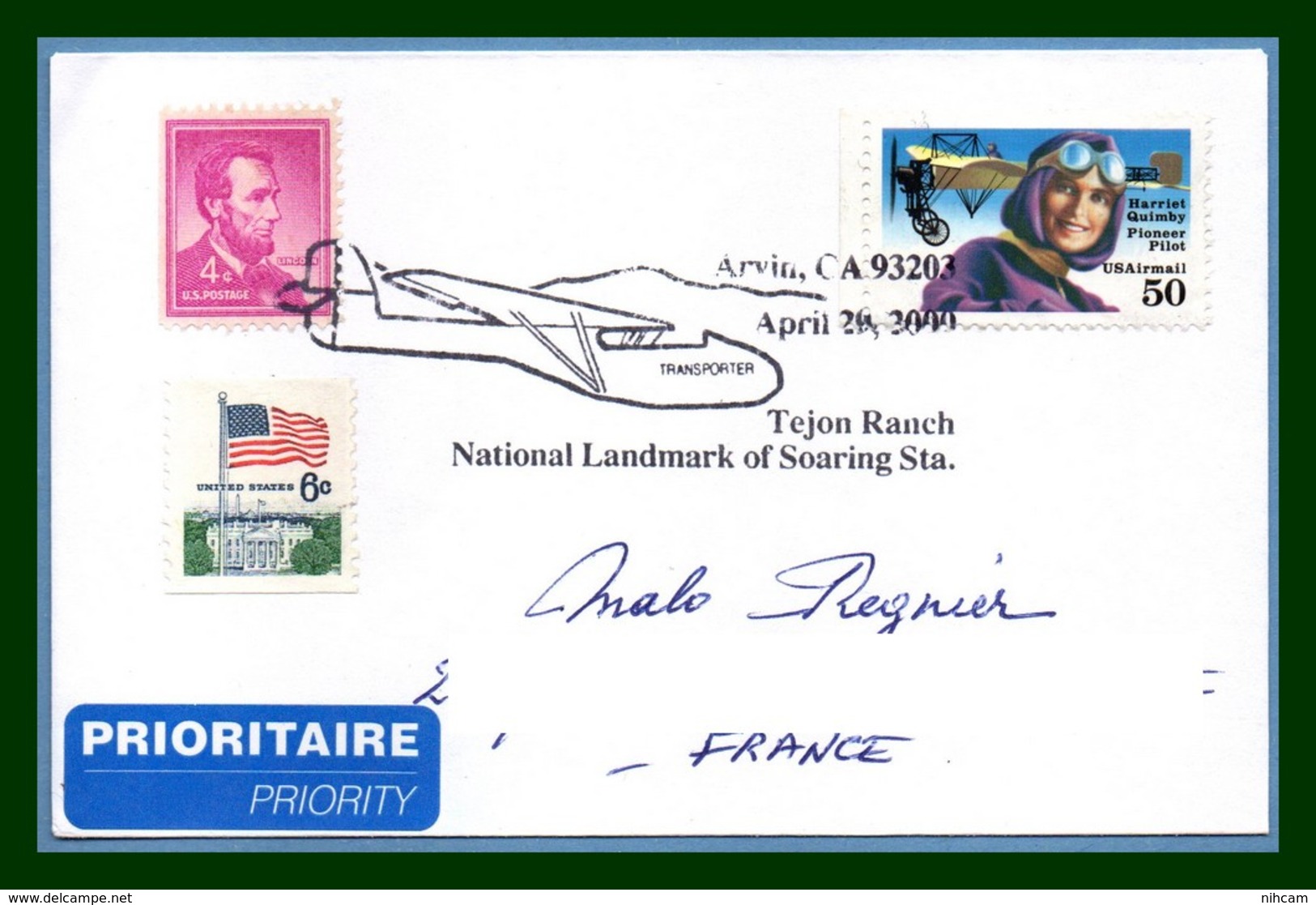 Tejon Ranch National Landmark Of Soaring Sta. Arvin 2000 > France Plane Avion - Marcophilie