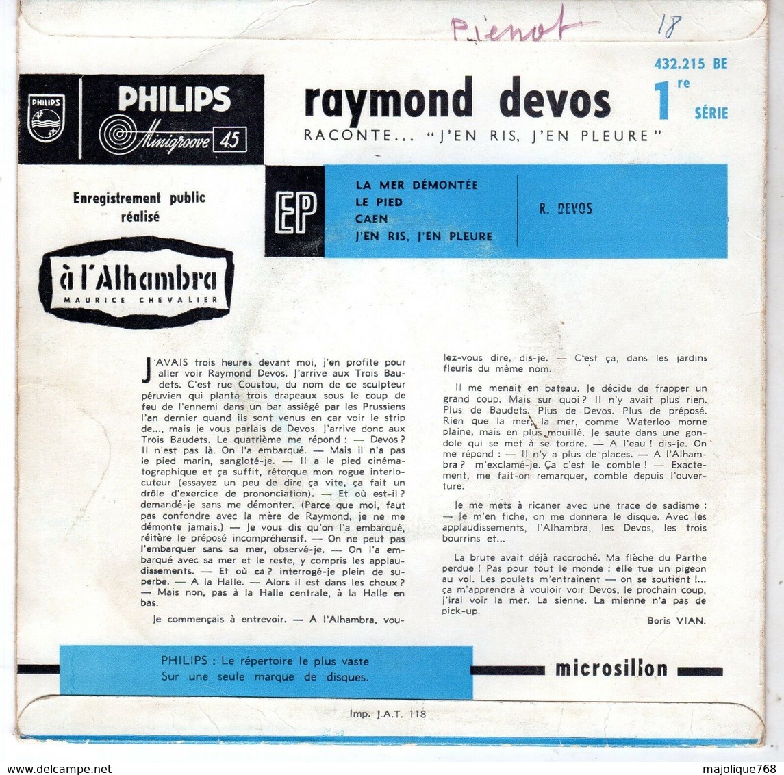 Raymond Devos - La Mer Démontée - Philips 432.215 - 1959 - Humour, Cabaret