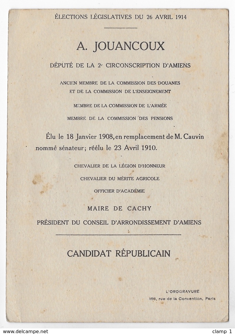 PAS CPA A JOUANCOUX ELECTIONS AVRIL 1914  CANDIDAT REPUBLICAIN Maire De CACHY Vs AMIENS 80 *PETITES EPIDERMURES* - People