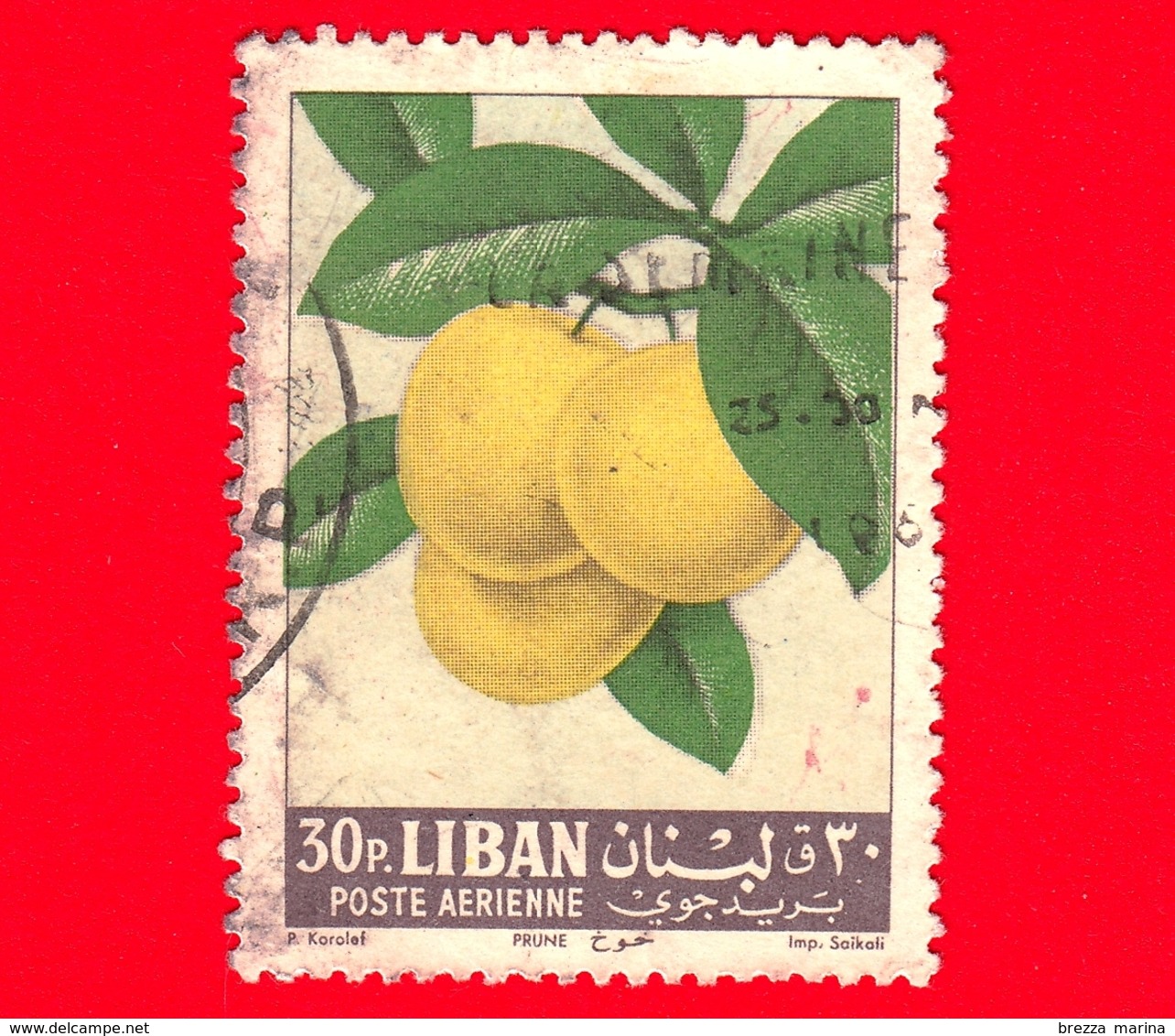 LIBANO - Usato - 1962 - Frutta - Susine - Prugne - Prune - Plums - 30 - P. Aerea - Libano