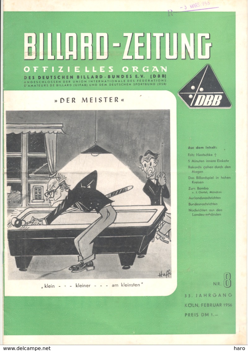 BILLARD - ZEITUNG Nr 8 De  1956 .(jm) - Sport