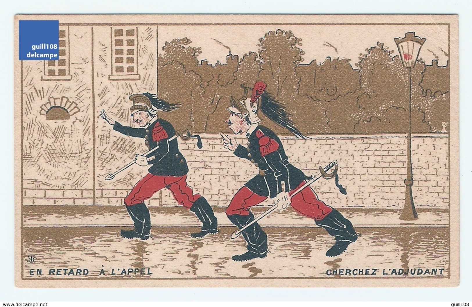 Jolie Chromo Dorée Gibert Clarey Humour Retard Appel Adjudant Armée Militaria Infanterie Army Victorian Trade Card A5-90 - Sonstige & Ohne Zuordnung