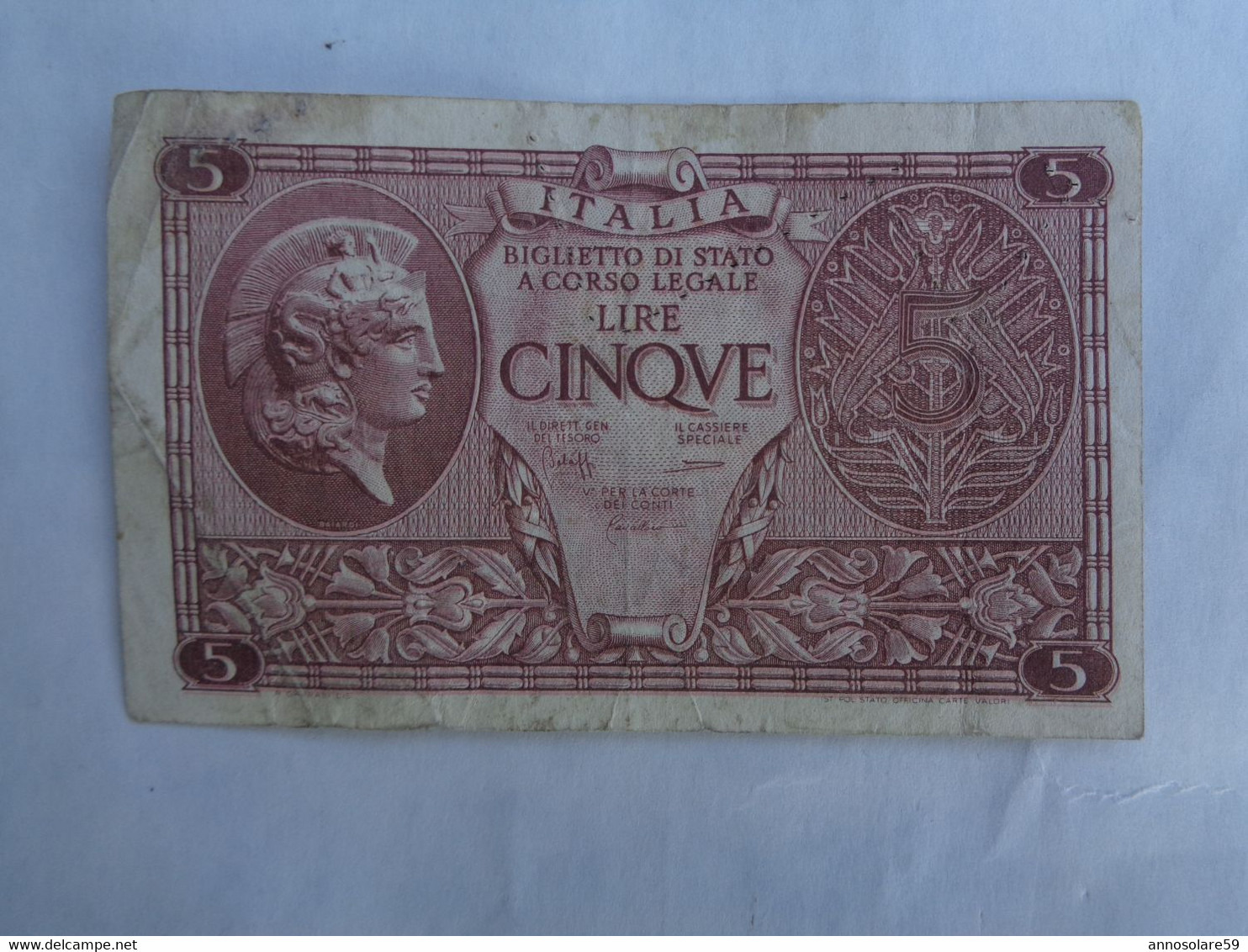 5 CINQUE LIRE VECCHIA BANCONOTA D. M. 3/11/1944 BIGLIETTO DI STATO - LEGGI - Italia – 5 Lire