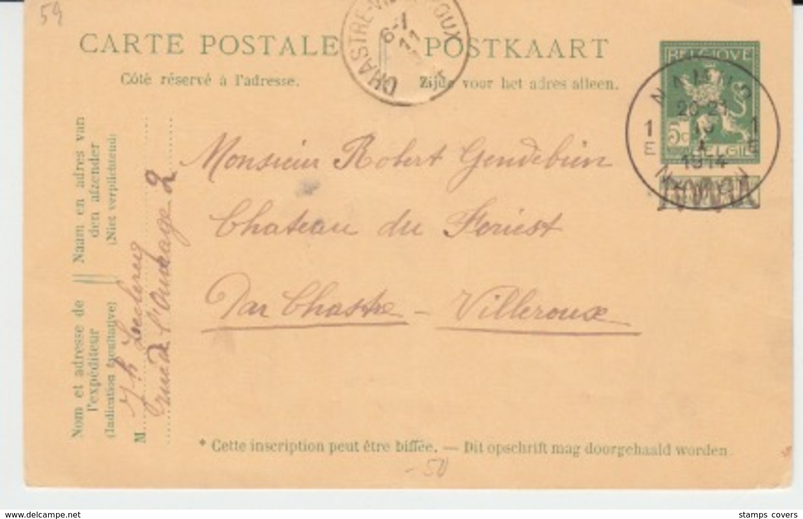 BELGIUM USED POST CARD 10 JANVIER 1913 NAMUR VILLERAUX VIA CHASTRE - Cartes Postales 1909-1934