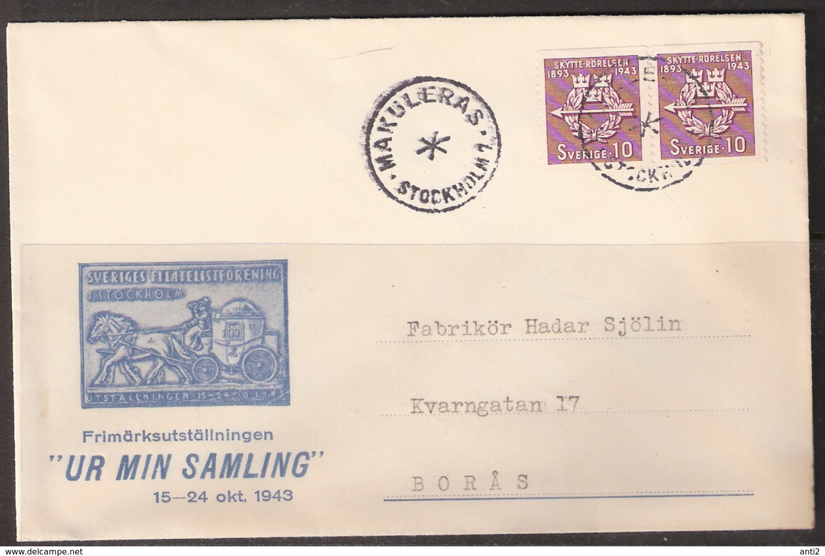 Sweden 1943 Cover Stamp Exhibition "ur Min Samling"  Cancelled Makuleras  Stockholm 1 - Briefe U. Dokumente