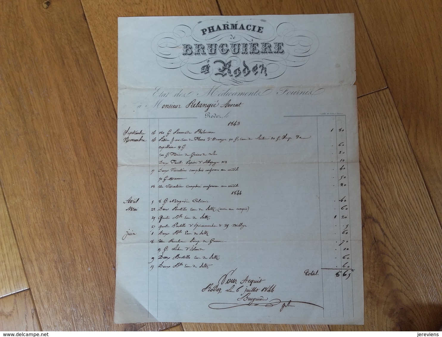 Rodez Aveyron Pharmacie Bruguiere 1843 Facture Pour Mr Palangie - 1800 – 1899