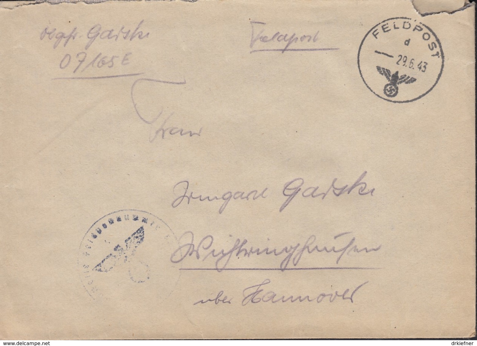 Feldpost Nr 07165 E, Brief Ohne Inhalt, Mit Stempel: Feldpost D - 29.6.1943, Nebenstempel: FPN - 1939-45