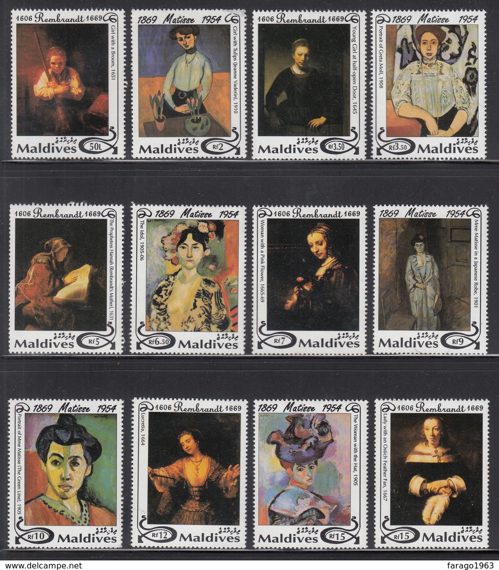 1994 Maldives Art Paintings Matisse Rembrandt Complete Set Of 12 MNH - Maldives (1965-...)